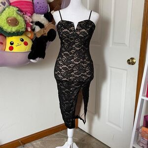 EMERALD SUNDAE BLACK LACE MIDI BODYCON DRESS